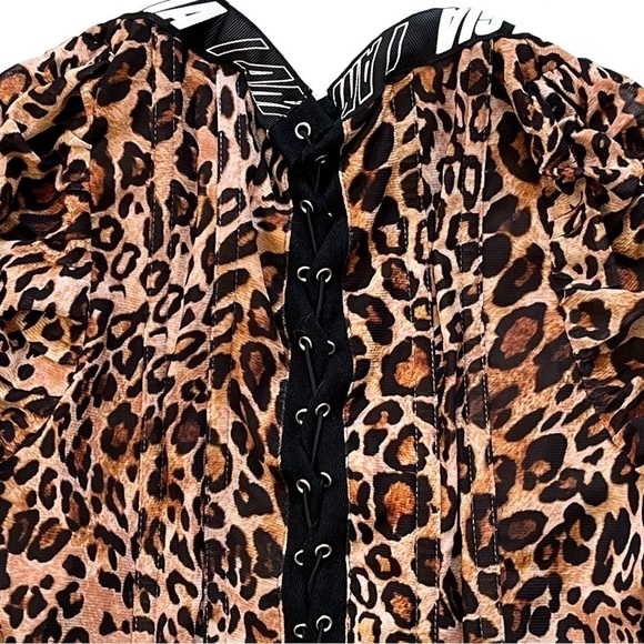 I.AM.GIA Long Sleeve Chelsea Leopard Corset Top XS Lace Up Back Ruched Sleeves - Picture 9 of 11